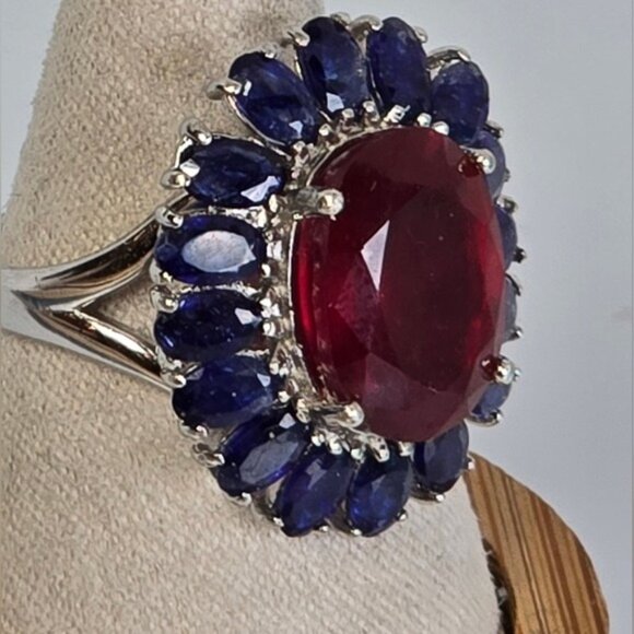 925 Sterling Silver Ring wirh Natural Ruby 10X14mm & Blue Sapphire Gems - Picture 5 of 11